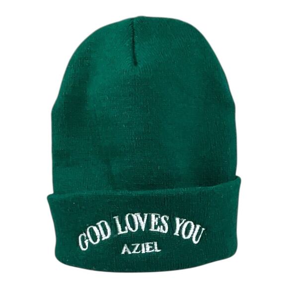 YP Classics God Loves You Aziel Beanie Hunter Green & White One Size Hat Cozy - Picture 5 of 7